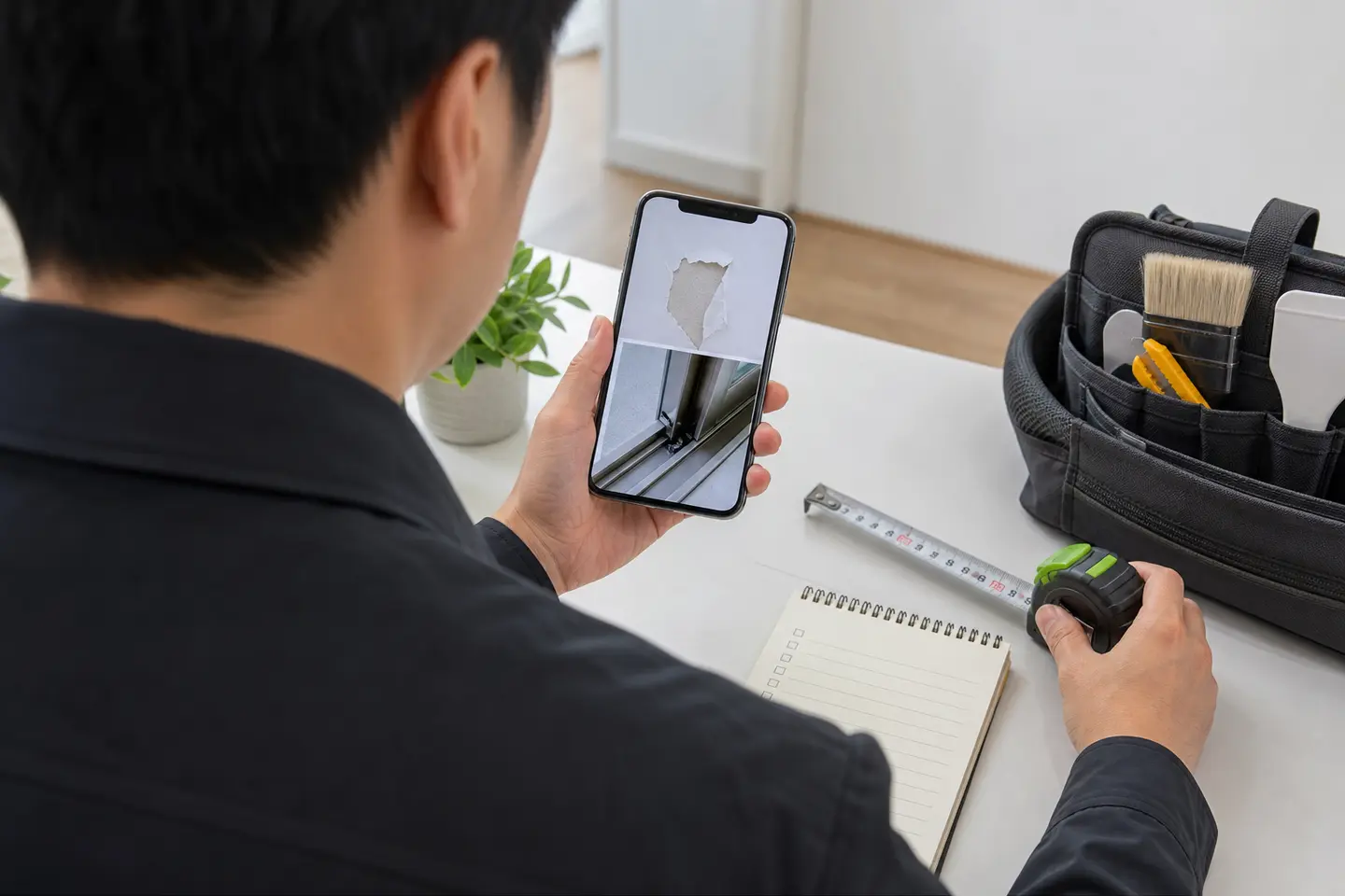 휴대전화로 벽지와 도어 손상 사진을 확인하는 상담 접수 장면